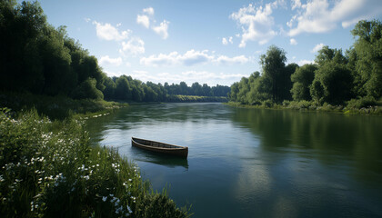 Serene Riverbank Scene With Wooden Boat and Lush Greenery