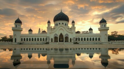 Majestic Mosque Reflection at Sunrise with Vibrant Sky and Serene Atmosphere