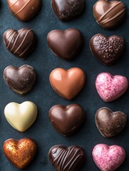 Obraz premium Assorted chocolate candies in the shape of a heart on a dark isolated background. craft chocolates for valentines day.