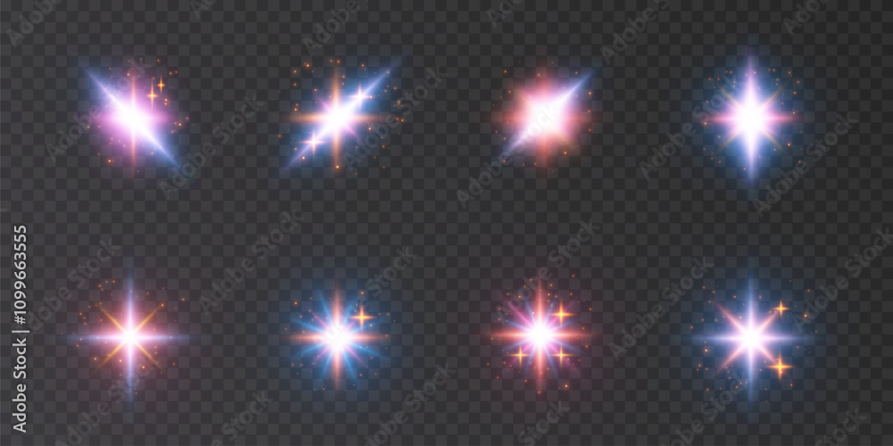 Aufkleber Abstract set of colorful light effects, twinkling bright stars. For graphic design and game interfaces.