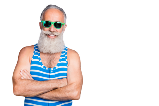 Close-up portrait of his he nice attractive content cheerful cheery funky gray-haired man folded arms enjoying summertime isolated over bright vivid shine turquoise blue green background