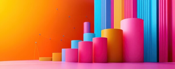 Obraz premium A vibrant display of colorful cylindrical shapes arranged in ascending order against a bright orange background.