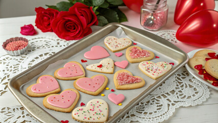 Naklejka premium A tray of freshly baked heart-shaped cookies decorated with pink icing and sprinkles, set on a festive Valentine's Day table surrounded by love-themed items.