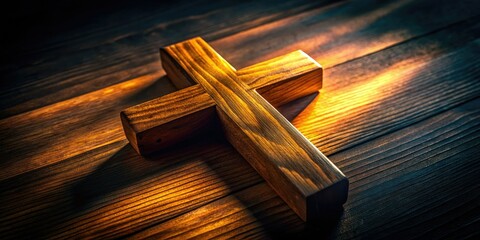 Close-up of a Wooden Cross in Low Light Photography, Dark Backdrop, Spiritual Symbolism, Religious Art, Textured Wood,