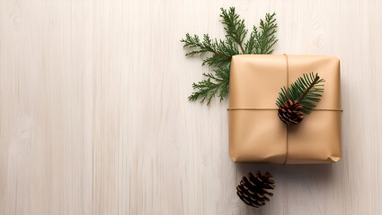 Textured background, wood or linen, with a gift wrapped in kraft paper placed in the center with winter decorations fir branch and pine cone next to the gift.