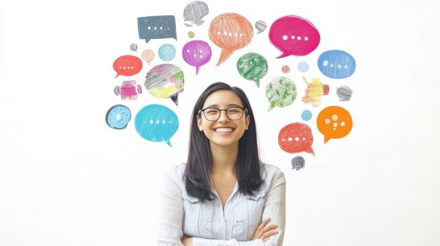 A friendly teacher surrounded by multilingual speech bubbles, explaining global communication, on white