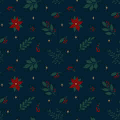 Traditional festive Christmas seamless pattern. Christmas branches with berries on dark background. Vector illustration
