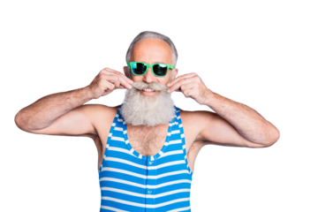 Close-up portrait of his he nice attractive content cheerful cheery gray-haired man touching mustache life lifestyle funky mood isolated over bright vivid shine turquoise blue background