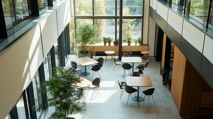 An airy office space features a light-colored floor and numerous small, square tables with black chairs