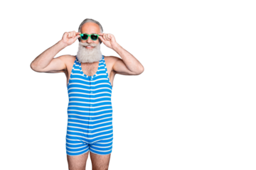 Portrait of his he nice attractive content cheerful cheery gray-haired man spending spring life lifestyle trendy look outfit isolated over bright vivid shine turquoise blue background