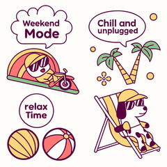 summer icons set, a cartoon dog sits in a chair and a palm tree is shown with a picture of a woman on it