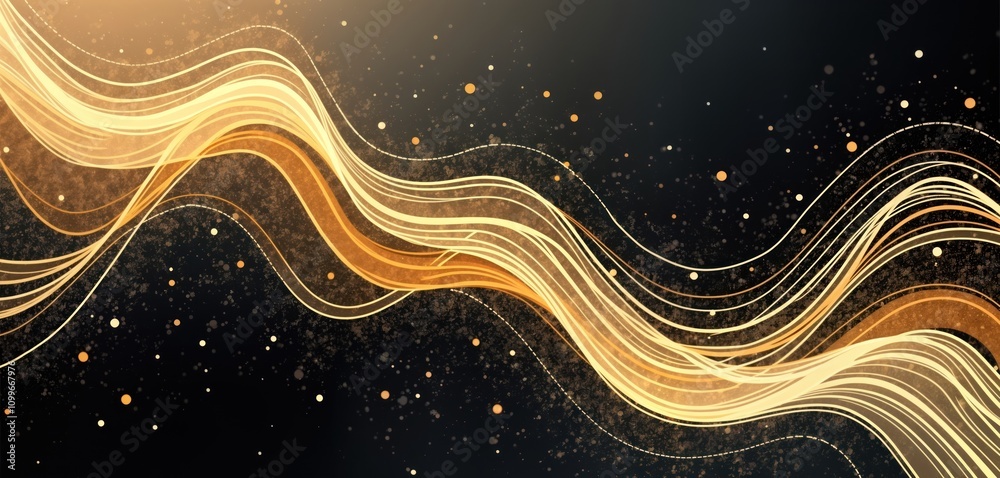 Poster Abstract design with dynamic gold, black patterns. Flowing lines create waves, curves. Elegant, modern illustration. Suitable for backgrounds, wallpapers, creative projects. Background features