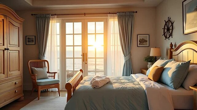 Sunlit Bedroom with French Doors, Ocean View, and Coastal Decor