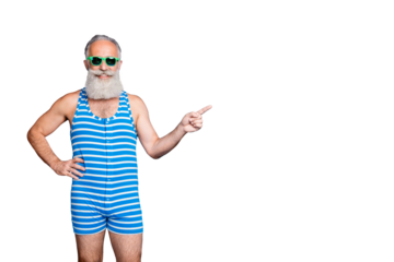 Portrait of his he nice attractive content cheerful cheery gray-haired man pointing forefinger aside ad advert solution isolated over bright vivid shine turquoise blue background