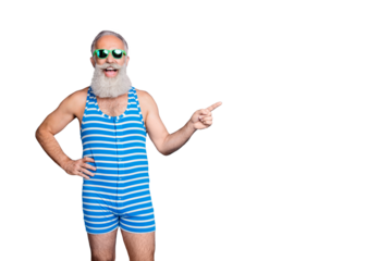 Portrait of his he nice attractive content funky excited positive cheerful cheery gray-haired man showing advice ad advert solution isolated over bright vivid shine turquoise blue background