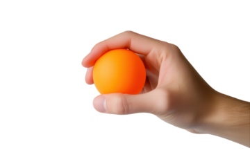 A hand squeezing an orange stress ball on a white background. PNG transparent.