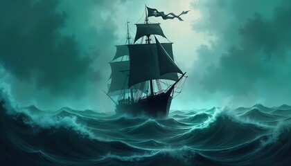Fototapeta premium Pirate ship battles stormy ocean. Dark stormy weather. Ship tattered Jolly Roger flag. High seas. Intense scene. Dramatic action. Danger. Nautical. Adventure. Pirate ship in nightmarish storm. Eerie