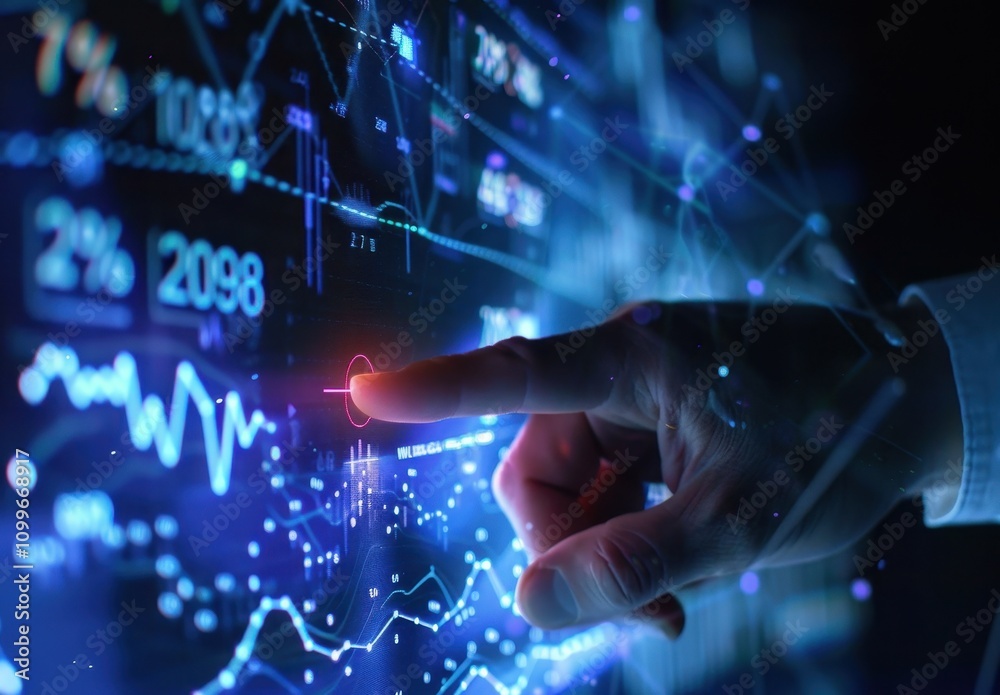 Poster finger interacting with digital financial data graphs