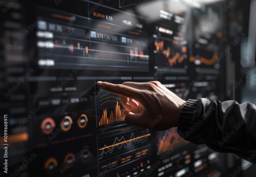 Poster hand interacting with a financial data screen