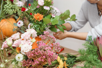 Creating a floral composition in a pumpkin. Making decor with your own hands.