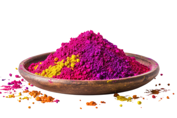 A vibrant pile of Holi powder on a round plate, on a white background. PNG transparent.