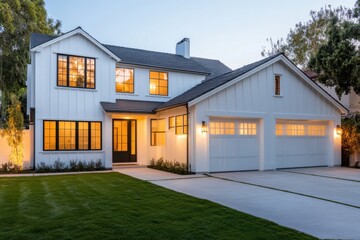 Obraz premium Charming Modern Home Exterior with Warm Lights and Lush Green Lawn at Dusk, Perfect for Family Living or Real Estate Promotion