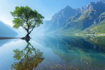 A solitary tree stands on the edge of a serene lake, surrounded by towering mountains. The crystal-clear water reflects the majestic landscape in stunning detail.