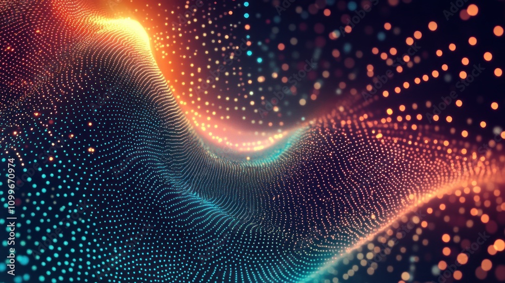 Poster abstract digital waveforms with colorful particle lights and glowing patterns