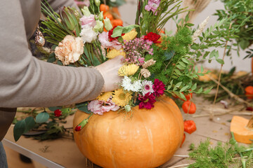 Creating a floral composition in a pumpkin. Making decor with your own hands.