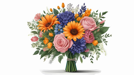 Fototapeta premium Watercolor, colorful flowers bouquet, pink rose, sunflowers hand paint Blooming floral and lush green leaves, isolated on white background.