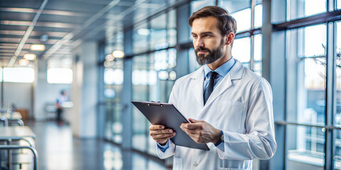 Fototapeta premium Medical professional reviews patient records in a modern hospital during a bright afternoon shift.