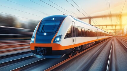 Fototapeta premium Modern High Speed Train on Tracks at Sunset