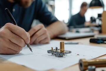 Detailed Technical Drawing of a Brass Component with an Engineer Working in the Background, Focused on Precision and Design in a Modern Workspace