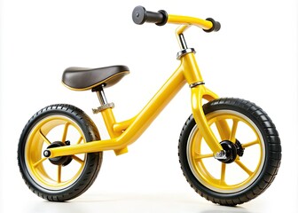 Fototapeta premium Yellow Children's Balance Bike Isolated on White Background for Teaching Kids to Ride, Balance Skills, and Outdoor Fun Activities - Panoramic Photography