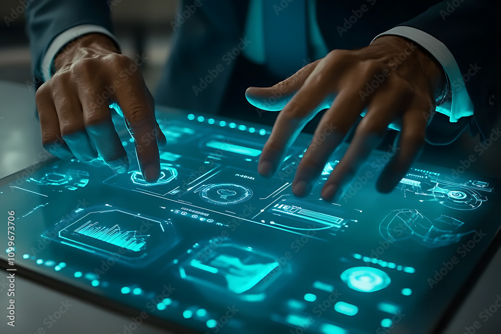 Wall mural futuristic digital interface: a glimpse into tomorrow's technology. innovative screen displays data 