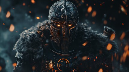 Fierce Viking Warrior in Dark Armor and Glowing Eyes