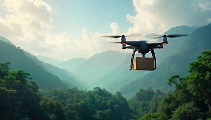 Fototapeta premium Drone delivers package in rich tropical rainforest area. Aerial view shows drone flying over dense forest, mountains. Sustainable tech for eco-friendly delivery in remote regions. Future of