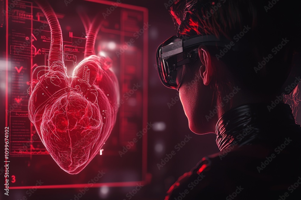 Poster biopunk computer graphics futuristic man wearing a virtual reality headset and holding a heart in hi