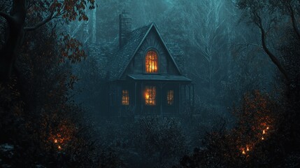 Eerie Forest Cabin Illuminated by Mysterious Firelight in Pitch Black Night Scene
