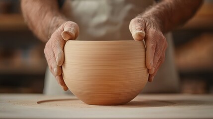 A craftsman shapes a rustic wooden bowl, showcasing the artistry of handcrafting pottery in a serene workshop environment.