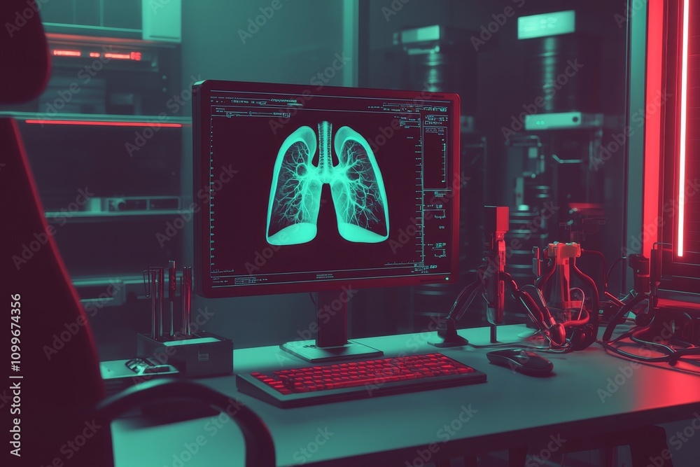Fototapete the colors of a computer screen that shows a picture of a human lungs, and the colors of a monitor s