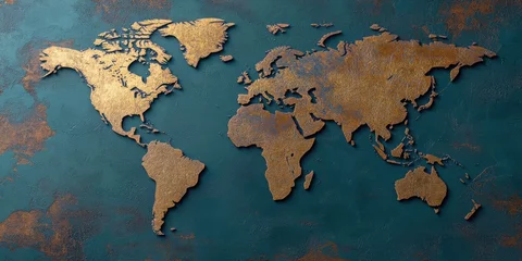Tableau sur toile Carte du monde An abstract world map with golden continents on a dark, textured surface evokes a sense of beauty and complex global connections.  © Iona