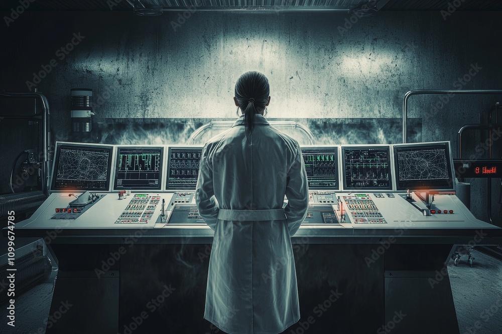 Aufkleber biopunk computer graphics les automatistes - white lab coat wearing man observing monitors
