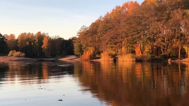 autumn landscape by the river, golden hour,
