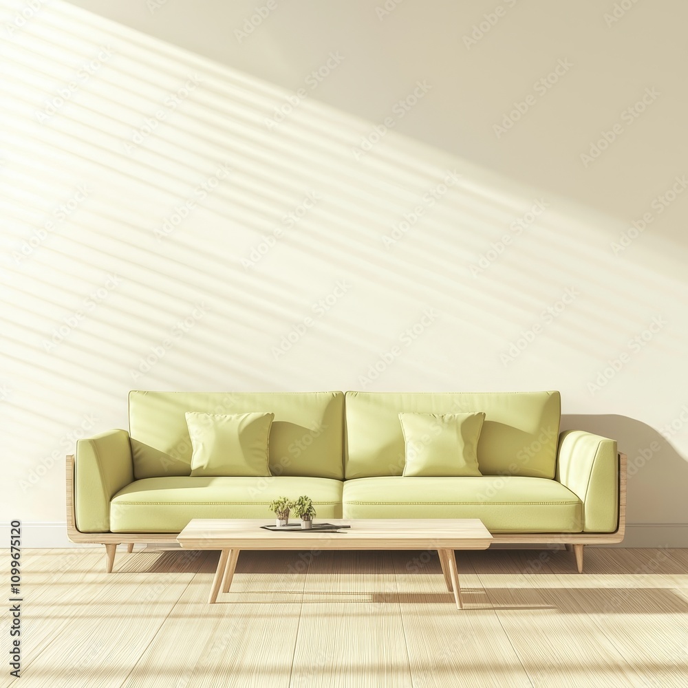 Aufkleber design of modern living room with green sofa on top of an empty white wall background. home interior