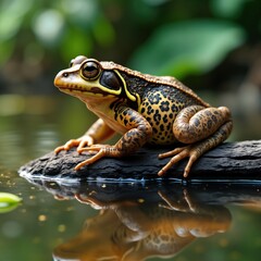 Obraz premium Close-up view of colorful frog sitting on dark log in tranquil pond. Amphibian striking yellow, brown patterns. Reflection visible in still water. Natural backdrop suggests tropical rainforest