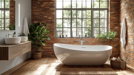 Fototapeta premium Elegant modern bathroom featuring a freestanding bathtub and natural lighting for a relaxing atmosphere