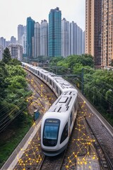 Obraz premium Modern Train Navigates Smart City Network, Transforming Urban Transportation and Connectivity