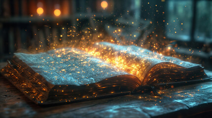 Magical Ancient Book with Glowing Golden Sparks and Mystical Blue Light, Open Pages Emanating Ethereal Energy in Dark Mysterious Setting