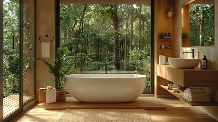 Fototapeta premium Modern bathroom design featuring a freestanding tub with views of a lush forest